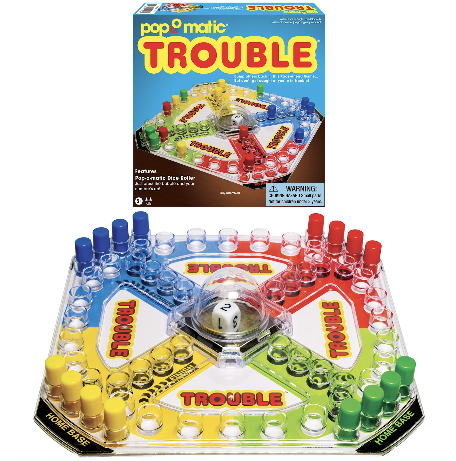 A board game with dice, the user throws or pops the dice and this turns on a light.